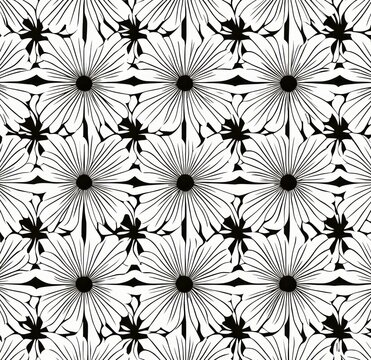 Seamless black and white floral pattern with large daisy-like flowers and star-shaped smaller flowers creating a repetitive, harmonious design
