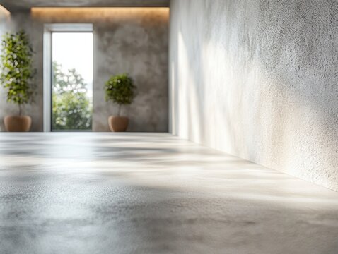 Minimalist bright spacious room with smooth concrete floor and textured walls illuminated by natural sunlight with potted plants near window