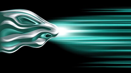 Stylized silver animal head emitting bright teal light trails against black background