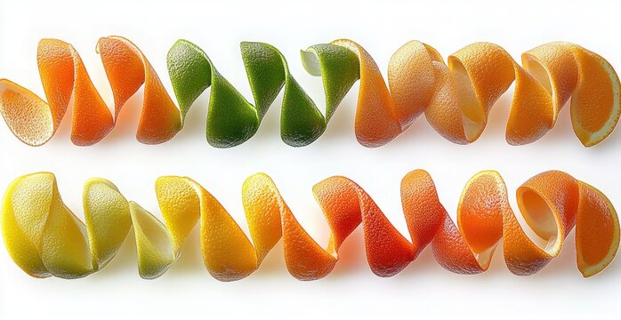 Two parallel rows of tightly curled citrus peels in various colors including orange, green, yellow, and red on a white background