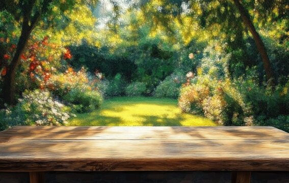 Sunlit wooden table in a peaceful garden with blurred green trees, bushes, and colorful flowers in soft natural light