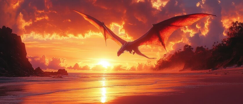 Large flying dragon silhouetted against a vibrant orange sunset over a tranquil beach with rocky formations and lush vegetation