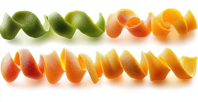 Close-up view of two green and two orange citrus peels twisted into spirals on a white background, highlighting texture and color contrast