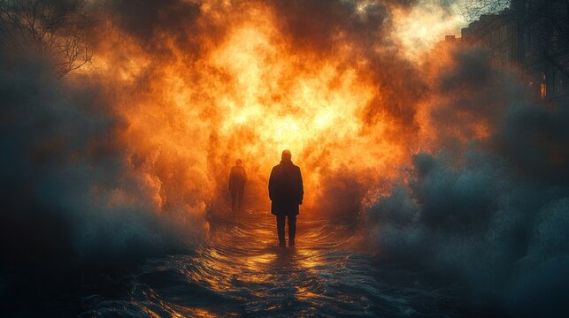 Two silhouetted figures walking through a fiery mist with dark water underfoot and contrasting glowing orange and blue smoke surrounding them, evoking mystery and intensity
