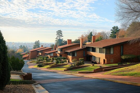 Row of modern brick houses with sloped roofs and chimneys along a quiet suburban street under a partly cloudy sky in a peaceful neighborhood