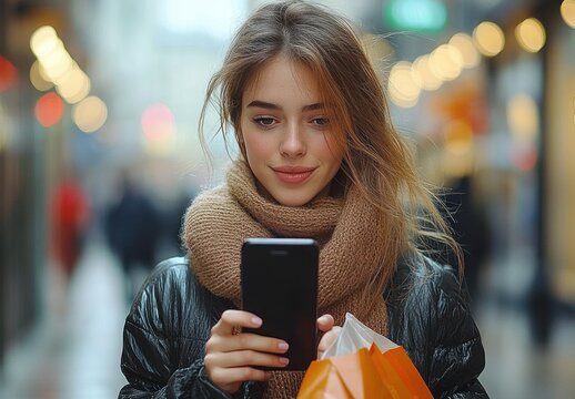 Young woman with a warm scarf and black jacket looking at her smartphone with a slight smile while holding shopping bags in a softly lit indoor shopping area