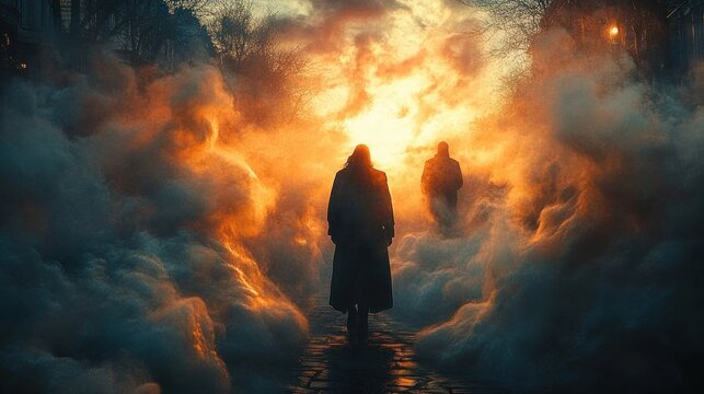 Two silhouetted figures walk through thick orange and blue fog on a dark street creating a mysterious and dramatic atmosphere at dusk