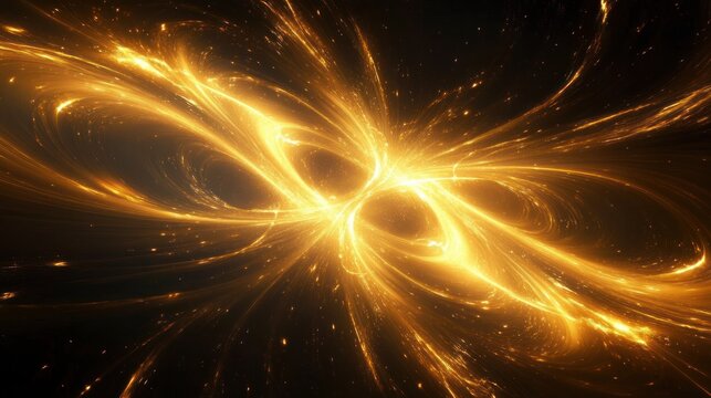 Bright golden swirling and glowing energy streams twisting in space creating a sense of dynamic cosmic motion and light