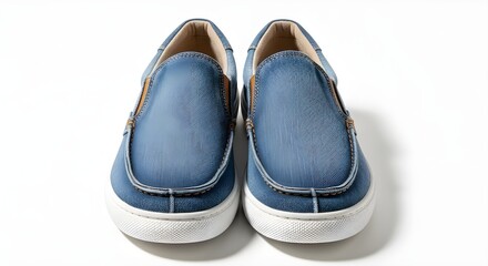 Casual blue denim slip-on loafer shoes isolated on white background for retail