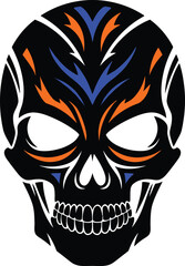 Stylized black skull vector illustration with tribal-inspired flame and tear markings in orange and blue, featuring an aggressive, modern, and edgy aesthetic, perfect for tattoo design, gaming.