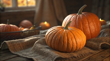 Autumn still life with pumpkins on a rustic wooden table with burlap cloth