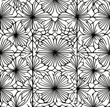 Intricate seamless black and white floral pattern with stylized large petals and detailed linear designs creating a repetitive harmonious layout