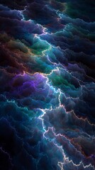Abstract background with vivid glowing lightning and dynamic colorful energy streams on a dark textured surface.