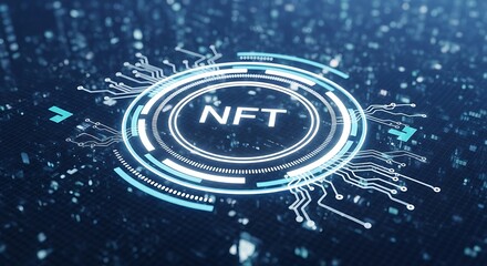 Digital representation of an NFT concept, with a glowing circuit board design.
