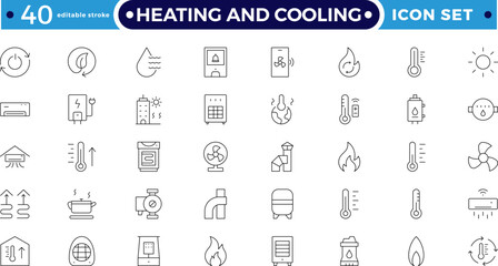 Heating and cooling efficiency Outline icon set featuring thermostat, radiator, heat pump, and ventilation symbols. Perfect for smart home design, climate control. Editable stroke outline icon. 
