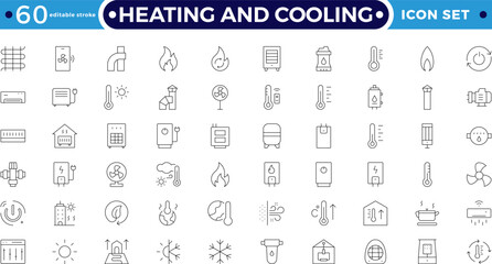 Heating and cooling efficiency Outline icon set featuring thermostat, radiator, heat pump, and ventilation symbols. Perfect for smart home design, climate control. Editable stroke outline icon. 