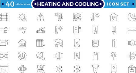 Heating and cooling efficiency Outline icon set featuring thermostat, radiator, heat pump, and ventilation symbols. Perfect for smart home design, climate control. Editable stroke outline icon. 