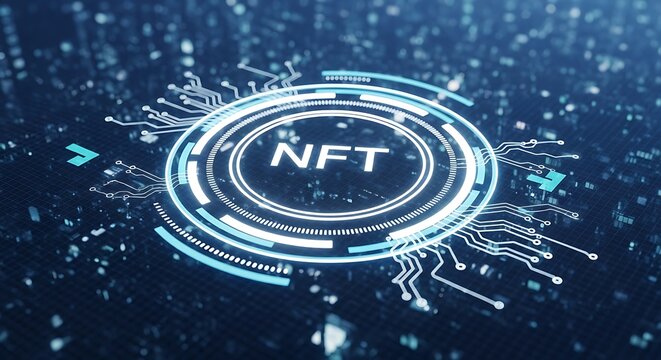 Digital representation of an NFT concept, with a glowing circuit board design.