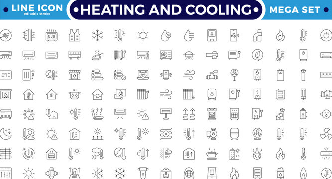 Heating and cooling efficiency Outline icon set featuring thermostat, radiator, heat pump, and ventilation symbols. Perfect for smart home design, climate control. Editable stroke outline icon. 