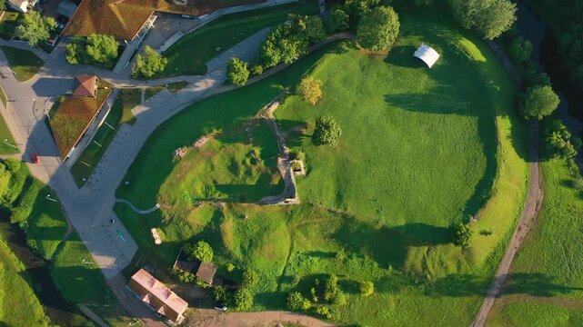 Rezekne, Latgale ,Latvija. Aerial 4K video from drone to of Rezekne city center at sunrise. (Series)