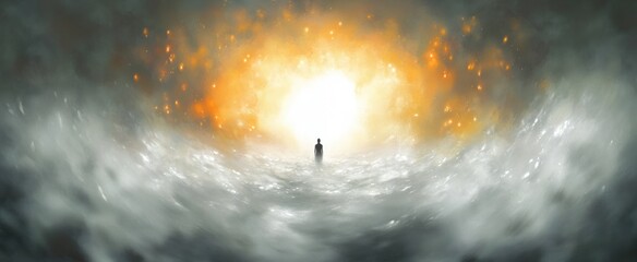 Silhouette of a lone figure walking through a misty, foggy path towards a bright, fiery glowing light surrounded by swirling smoke and sparks