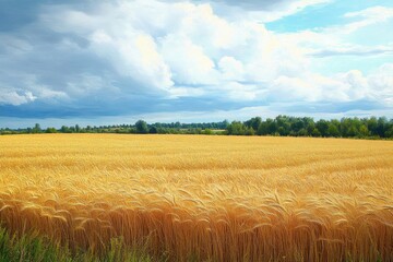 Vast golden wheat field under a bright blue sky with fluffy white clouds and a green tree line in the distance, evoking a peaceful rural atmosphere