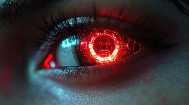 Close-up of a human eye with glowing red digital and cybernetic elements, conveying futuristic and technological emotion - Powered by Adobe