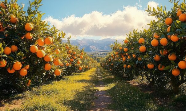 Sunny orchard full of ripe orange trees with a clear path between rows under a blue sky with white clouds and distant mountains - Powered by Adobe
