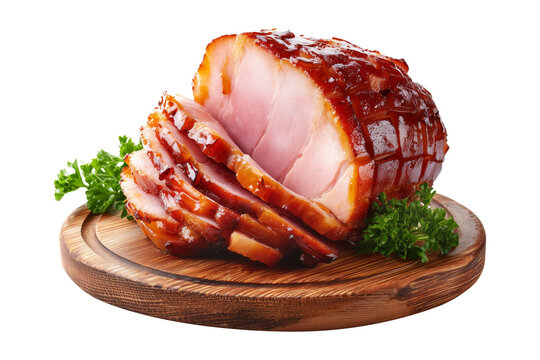 Maple baked glazed ham partially sliced with parsley garnish on wooden board, isolated on white transparent background.