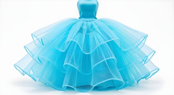 Elegant light blue tulle dress with a strapless bodice and voluminous tiered skirt, designed for a formal event or special occasion, photographed on a clean white background. isolated PNG with