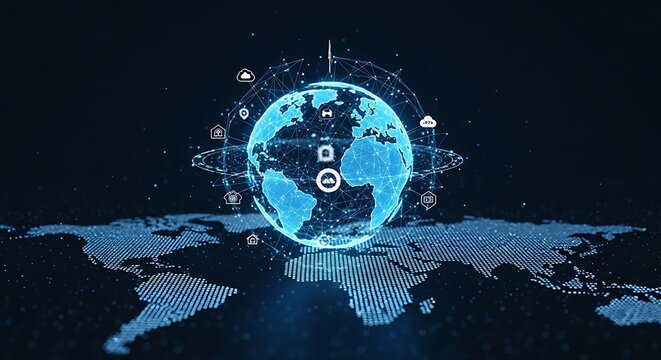 Digital globe with network icons floating above a world map, representing global connectivity and technology.