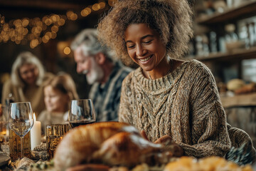 Family serving Thanksgiving dinner around decorated table 