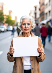 Older female holding up a blank sign for protest or message