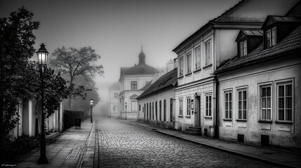 Misty European street scene in black and white