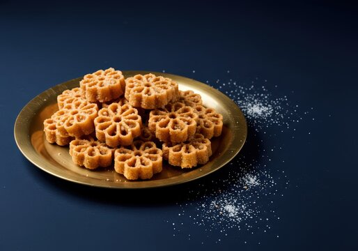 Stack of achappam cookies on a golden plate with sugar sprinkles against a dark blue background