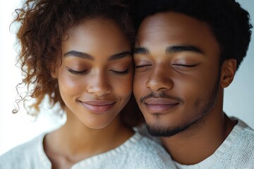 Close-up of a young couple with eyes closed, smiling gently and leaning their heads together, conveying a sense of calm, affection, and peace