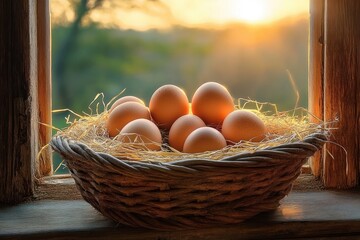 Basket filled with six brown eggs resting on straw inside a woven basket placed on a wooden window sill during a warm sunset