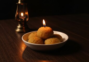 Obraz premium Still life of sweets in a bowl with a candle and a lantern on a wooden table in dim light