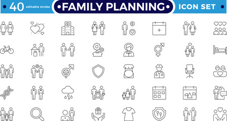 Family planning and Fertility planning Outline icon set featuring sperm analysis, calendar, supplements, and antenatal. Perfect for reproductive health, pregnancy. Editable stroke outline icon.