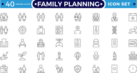 Family planning and Fertility planning Outline icon set featuring sperm analysis, calendar, supplements, and antenatal. Perfect for reproductive health, pregnancy. Editable stroke outline icon.