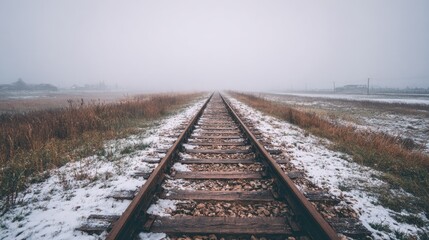 Obraz premium Empty railroad tracks through a snowy landscape.