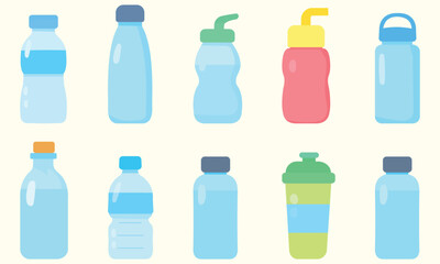 Water bottle flat style set. water plastic bottle Cartoon vector illustration isolated object.