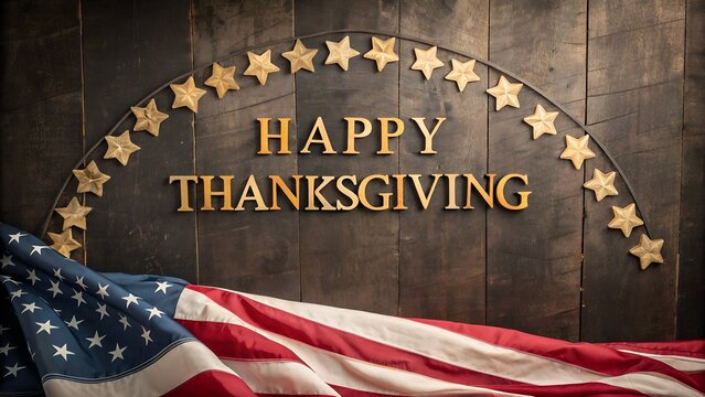 Happy thanksgiving message with american flag and stars on wooden background - Powered by Adobe