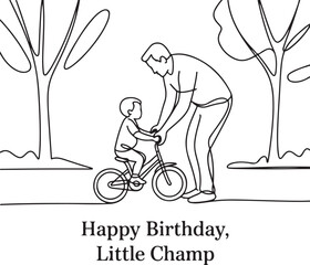 Continuous line drawing of a father teaching his young son a lesson in balance while learning to ride a bicycle