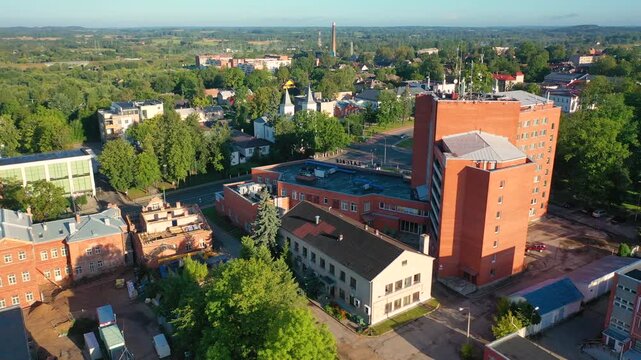 Rezekne, Latgale ,Latvija. Aerial 4K video from drone to of Rezekne city center at sunrise. (Series)