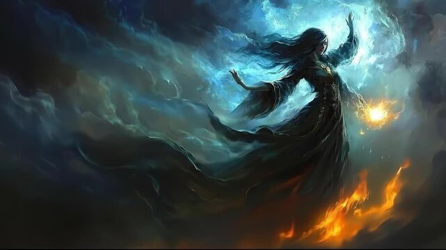A powerful sorceress conjures magic amidst swirling clouds and fire.