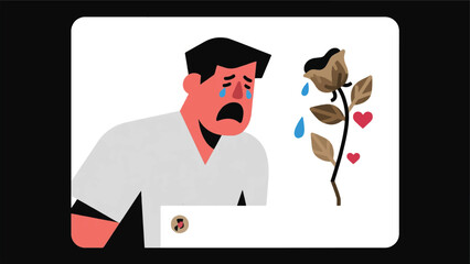 Illustration Of Person Having A Meltdown Over A Low Engagement Post, Represented By Their Tears Turning Into Dried-Up, Wilting Heart Icons Vector Design Template