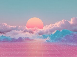 Retro-futuristic landscape with wireframe mountains, pink grid ground, glowing sun, and colorful clouds, 80s synthwave aesthetic background.