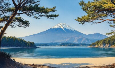 Snow-capped mountain behind calm lake with sandy shore framed by pine trees under clear blue sky