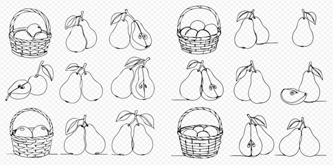 Fototapeta premium A collection of continuous line art drawings featuring pears, including whole fruits, cut halves, pairs with leaves, and pears in wicker baskets, all in a simple outline style.